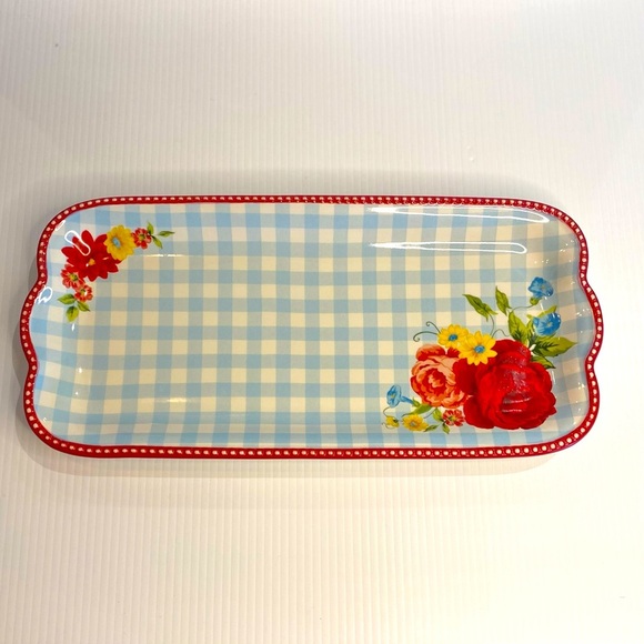 Pioneer Woman Narrow Platter Sweet Rose Gingham & Floral 14" x 7" Stoneware - Picture 1 of 6